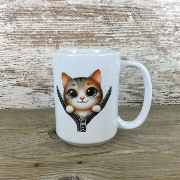 Cat Peeking from Zipper Design 15 oz Ceramic Coffee Mug - Picture 3 of 3